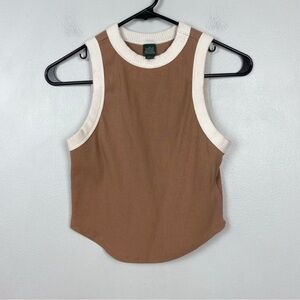 Wild Fable Brown Ribbed Crop Tank High Neck Cream Trim Y2K Minimalist Size M